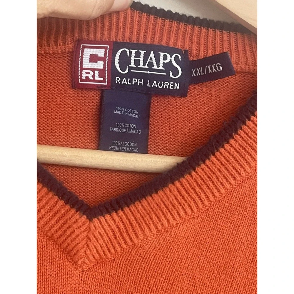 Ralph Lauren Chaps Mens Vintage V Neck Cotton ‎ Size XXL 2XL Crest Orange Navy